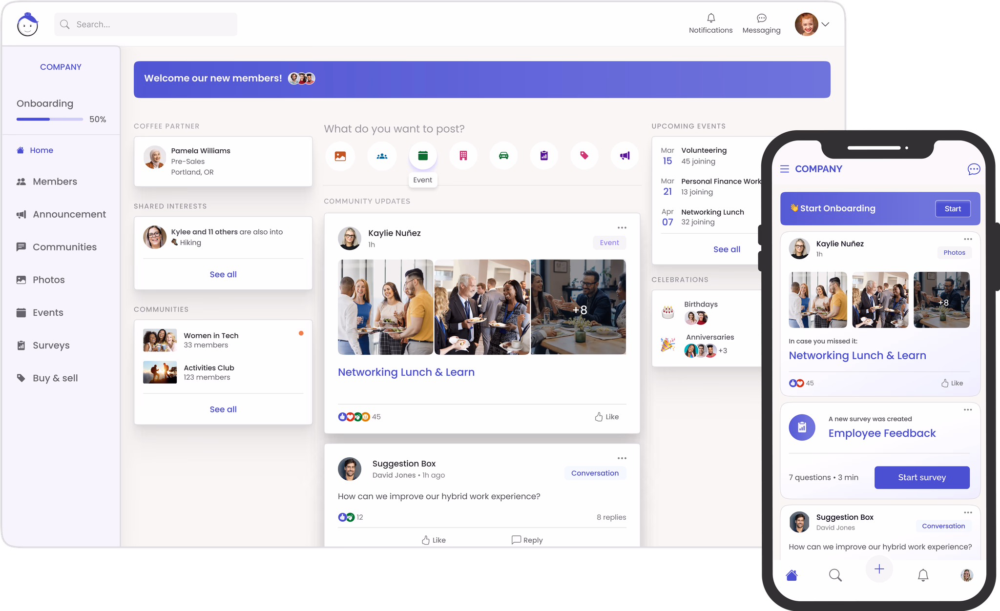 The Amirra workspace on desktop and mobile: onboarding progress, team updates, and employee feedback in one view.